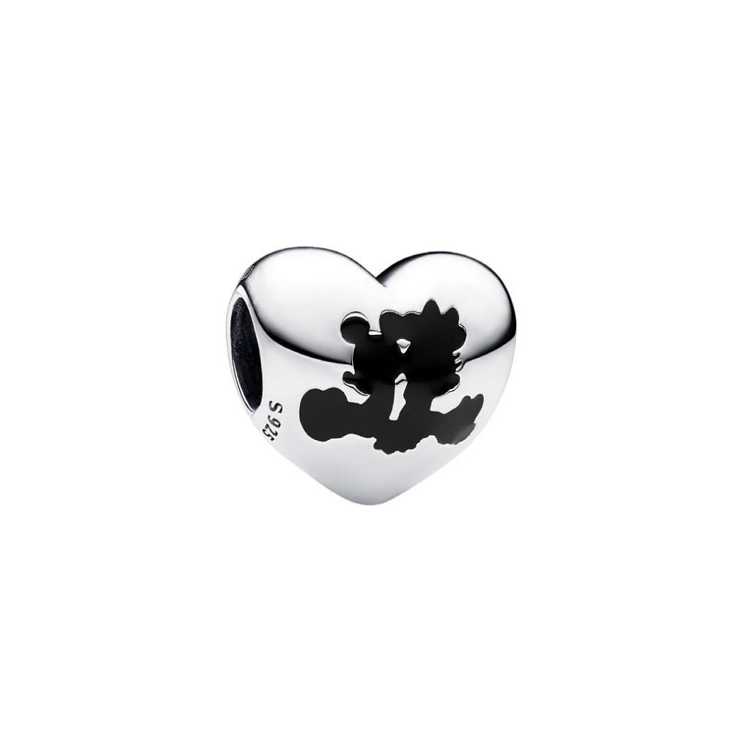 Disney Mickey & Minnie Love Heart Charm featuring polished silver heart with silhouettes of Mickey and Minnie