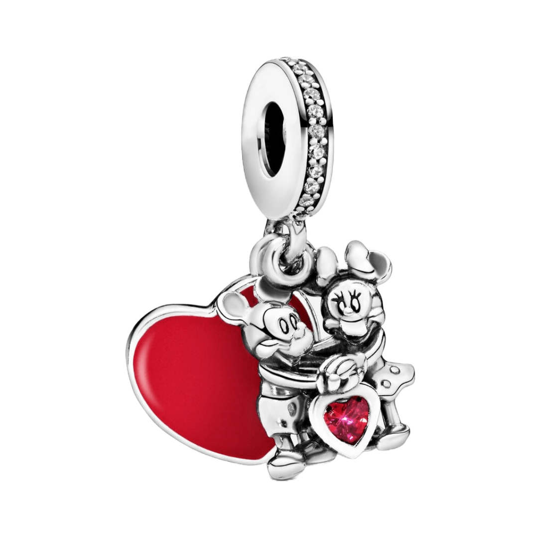 Disney Mickey and Minnie Love Heart Dangle Charm featuring Mickey and Minnie embracing against a red heart