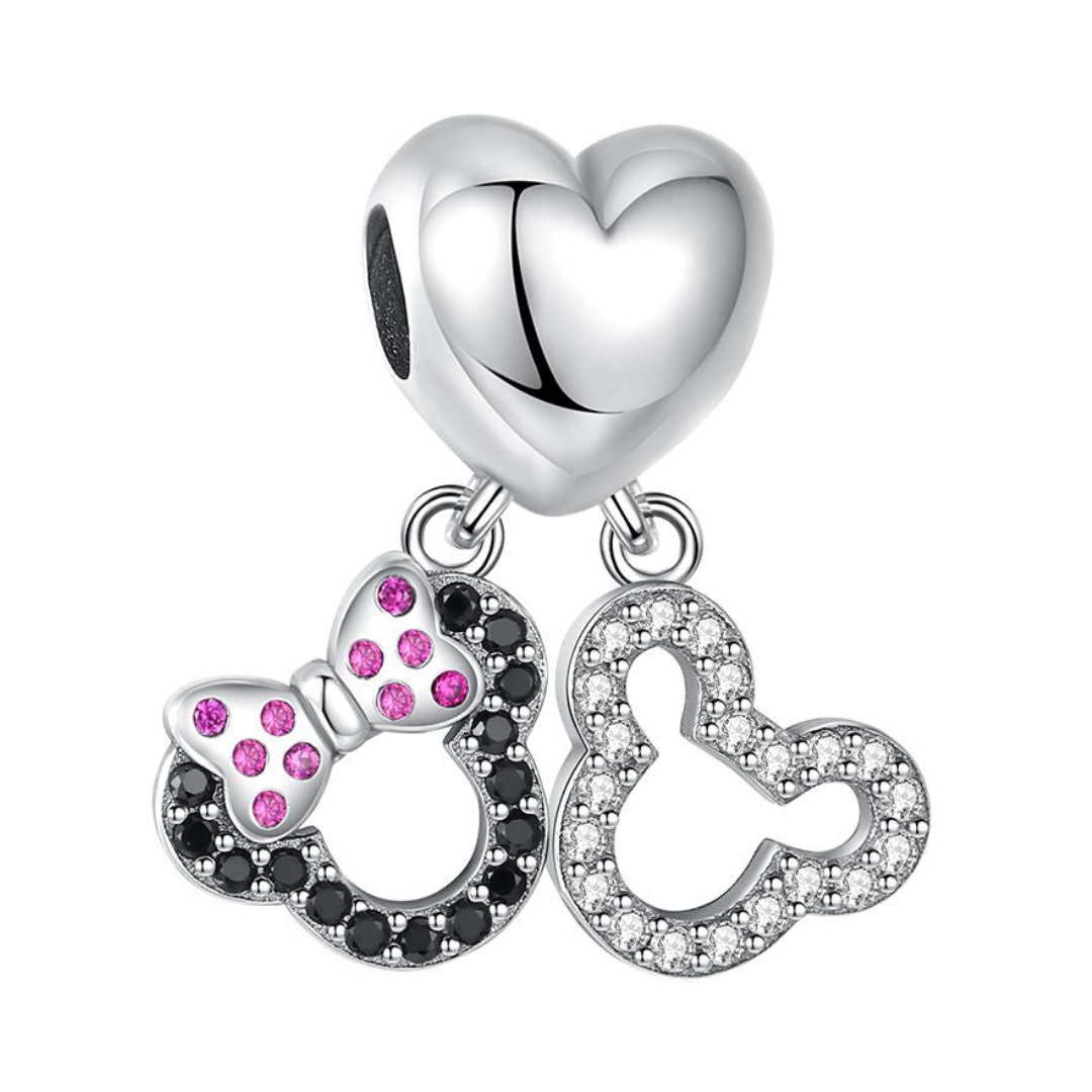 Disney Mickey and Minnie Mouse Heart Dangle Charm showcasing a heart design and iconic characters for couples.