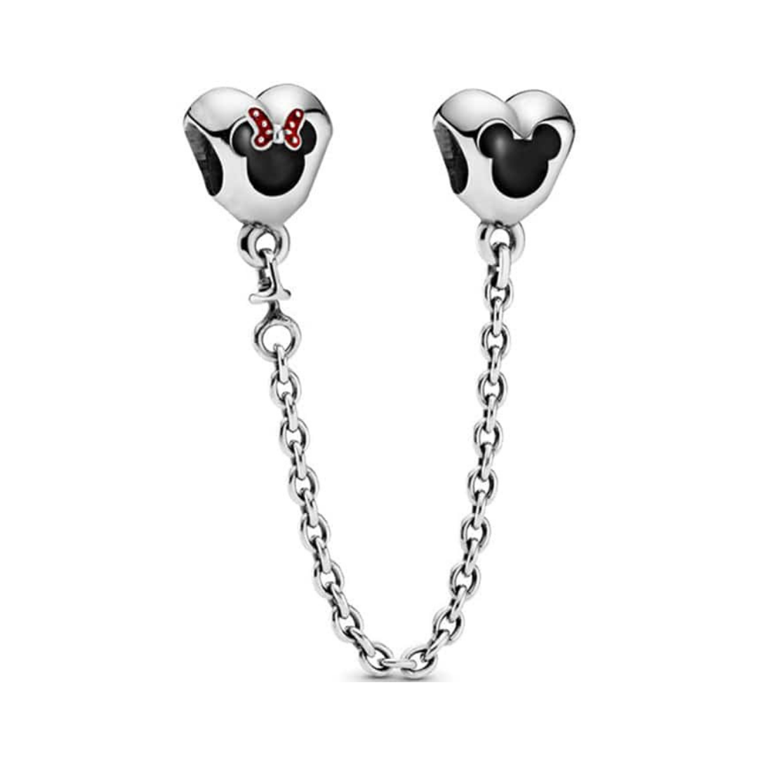 Disney Mickey And Minnie Mouse Heart Safety Chain featuring Mickey and Minnie's heart designs with a silver chain.