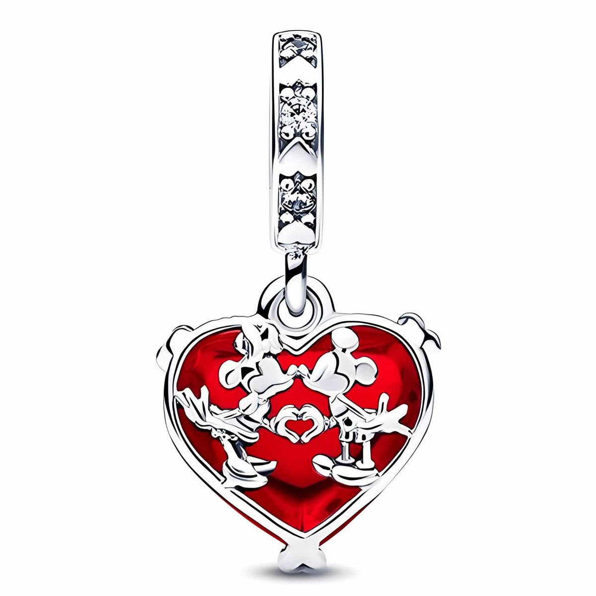 Disney Mickey and Minnie Mouse Kiss Murano Dangle Charm in a heart-shaped design, symbolizing love and Disney magic.