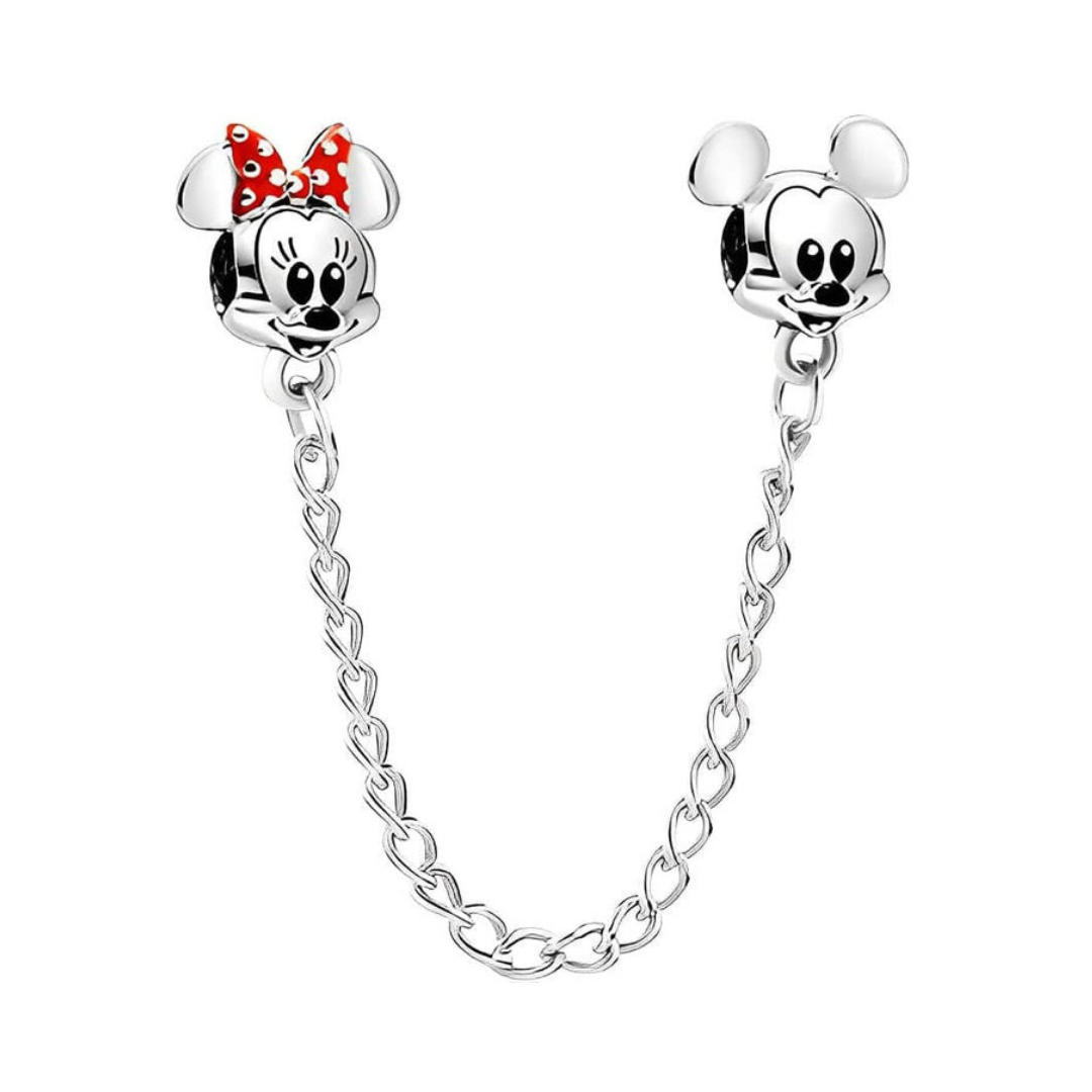Disney Mickey and Minnie Mouse Safety Chain featuring iconic character heads and a silver chain for charm bracelets.