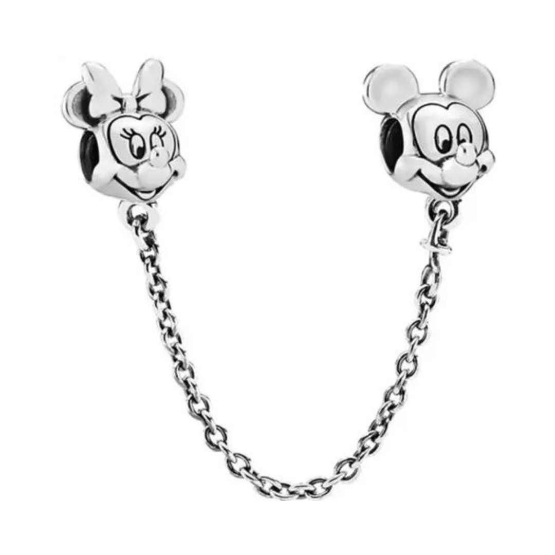 Disney Mickey and Minnie Mouse Silver Safety Chain charm with silver links and character faces.