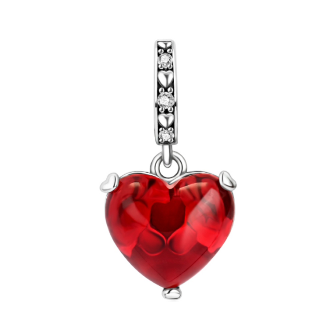 Disney Mickey & Minnie Murano Love Heart Dangle Charm with red Murano glass heart design.