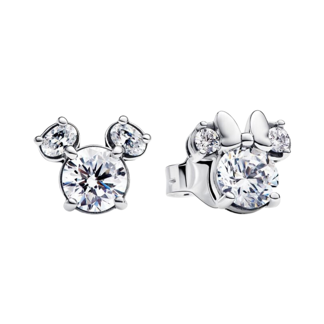 Disney Mickey & Minnie Sparkling Stud Earrings featuring sparkling stones with iconic silhouettes and a delicate silver bow.