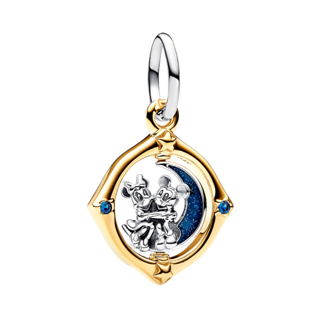 Disney Mickey & Minnie Stargazing Pendant on a crescent moon with gold setting and sapphire accents.