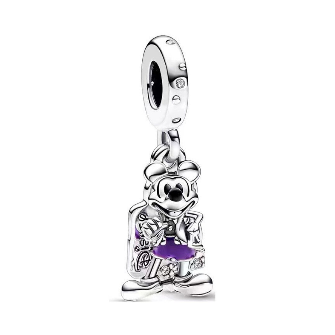 Disney Mickey Mouse 100th Anniversary Celebration Dangle Charm featuring a silver Mickey Mouse design with purple accents.
