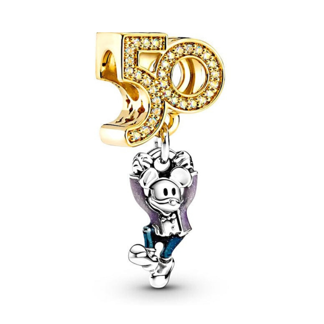 Disney Mickey Mouse 50th Celebration Dangle Charm featuring a colorful 50 and a joyful Mickey Mouse design.