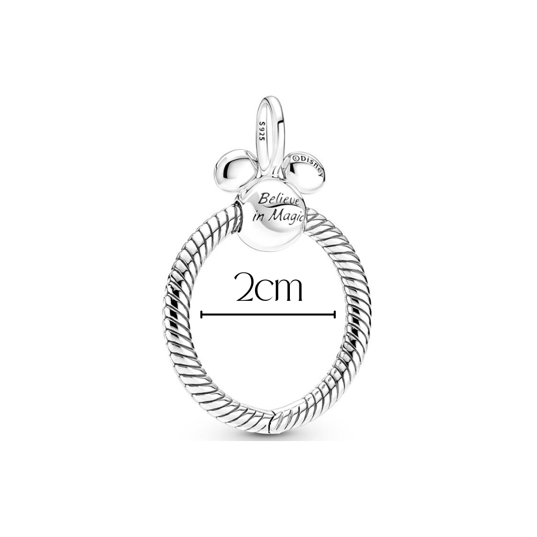 Disney Mickey Mouse Believe in Magic O Pendant close-up showing 2cm size and inspirational message.