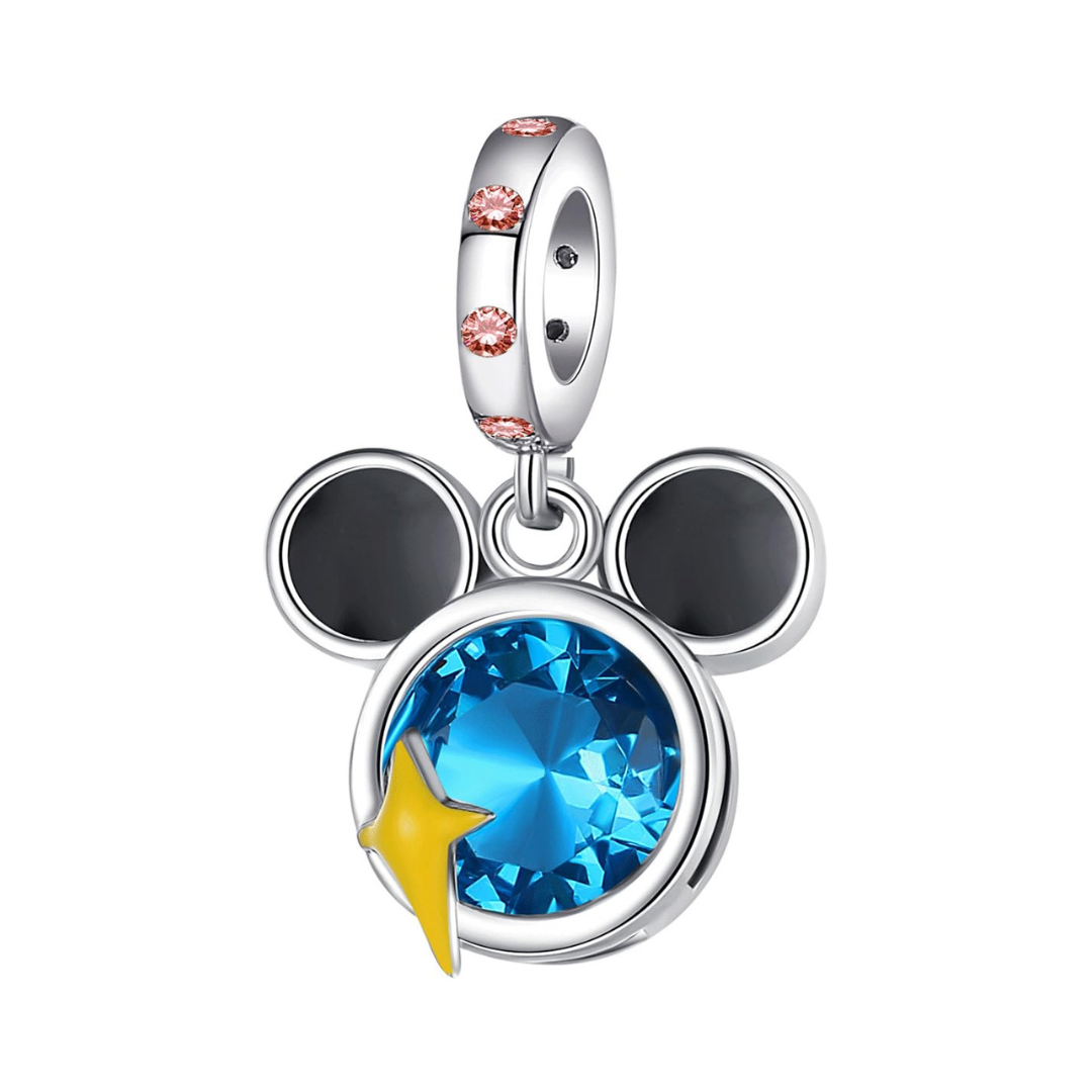 Disney Mickey Mouse Blue Gem Dangle Charm featuring a sparkling blue gemstone and modern design.
