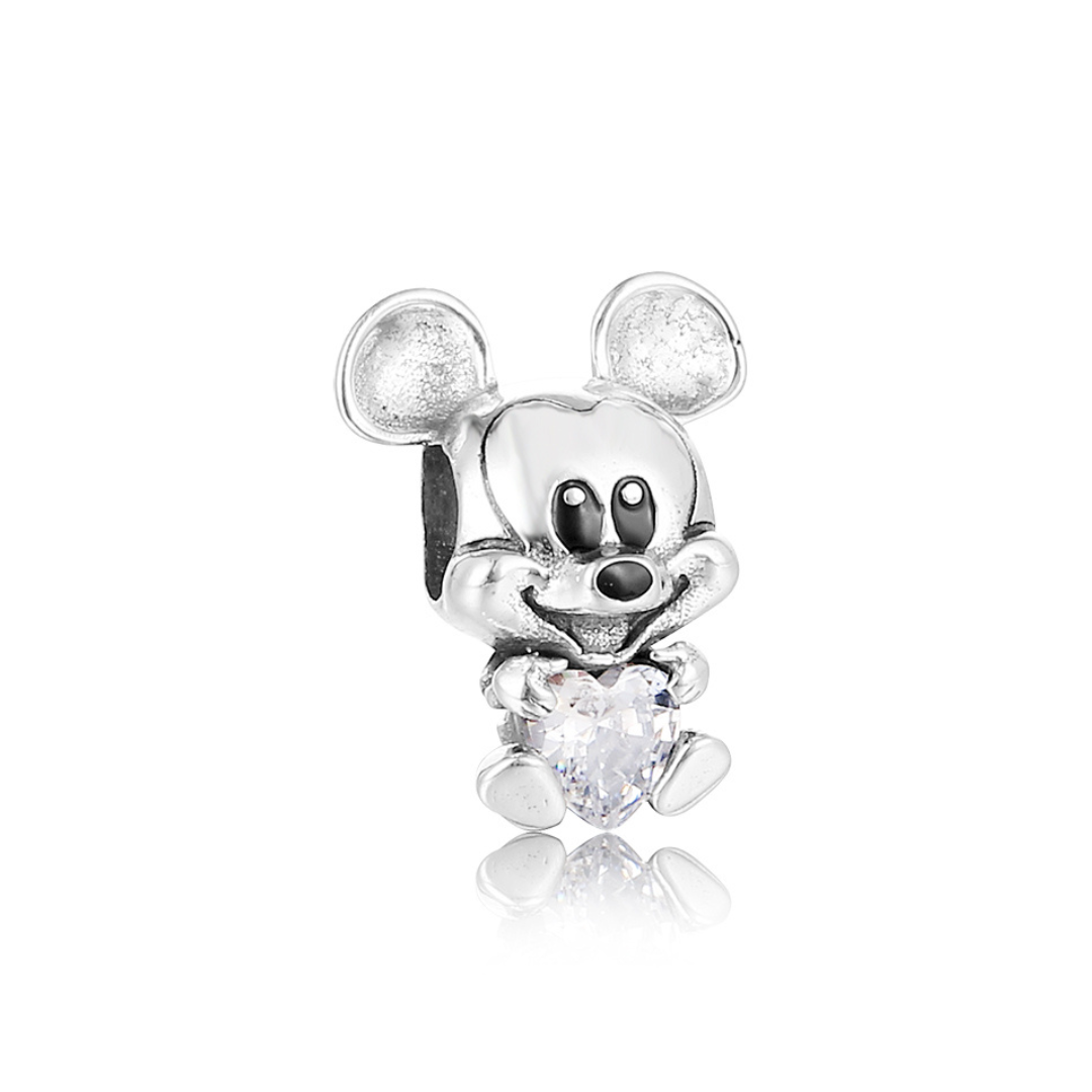 Disney Mickey Mouse Heart Gem Charm featuring Mickey holding a sparkling heart gem, perfect for Disney lovers.