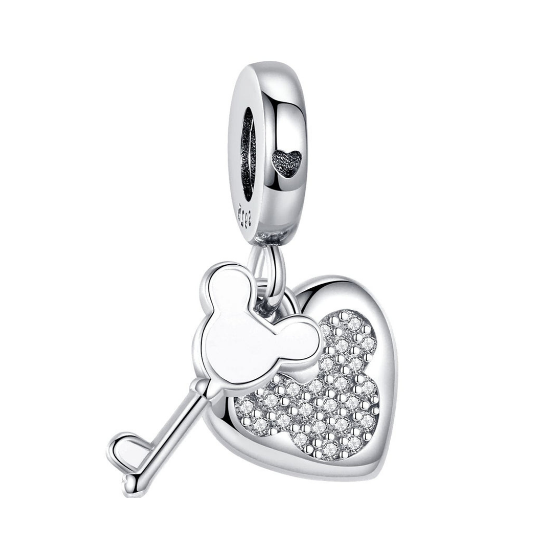 Disney Mickey Mouse Heart and Key Dangle Charm featuring a heart and key design in elegant silver.