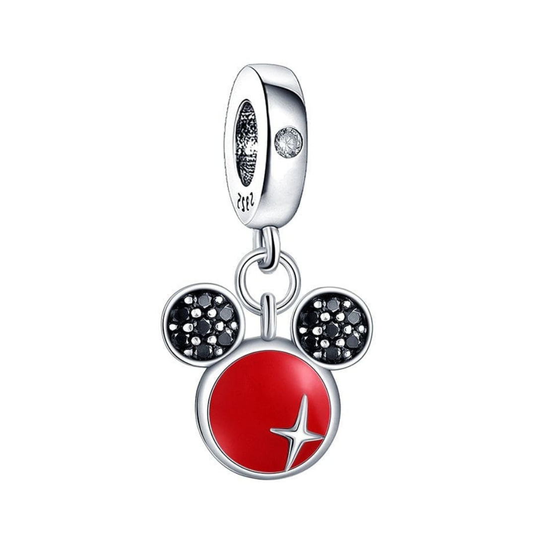 Disney Mickey Mouse Logo Dangle Charm featuring iconic red and black design with sparkling accents.