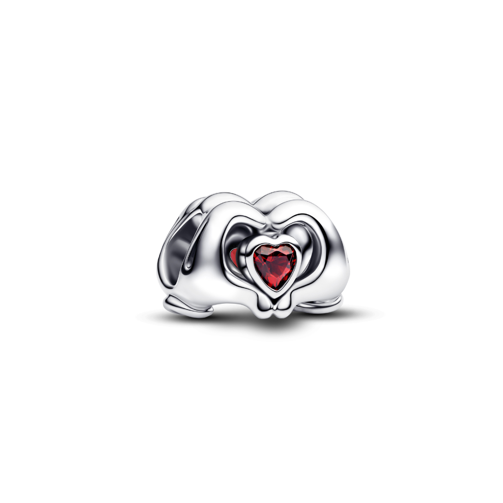 Mickey Mouse Loving Hands Heart Charm featuring a red heart-shaped stone at the center.
