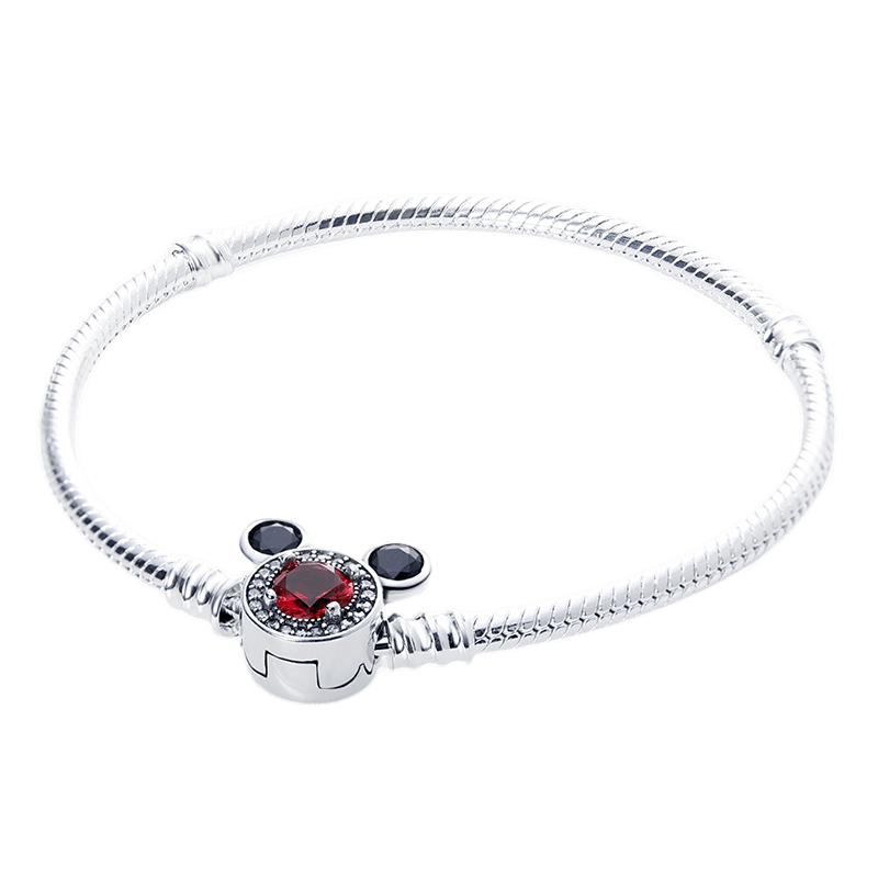 Disney Mickey Mouse Red Gem Snake Chain Bracelet featuring a silver design with red and black accents.