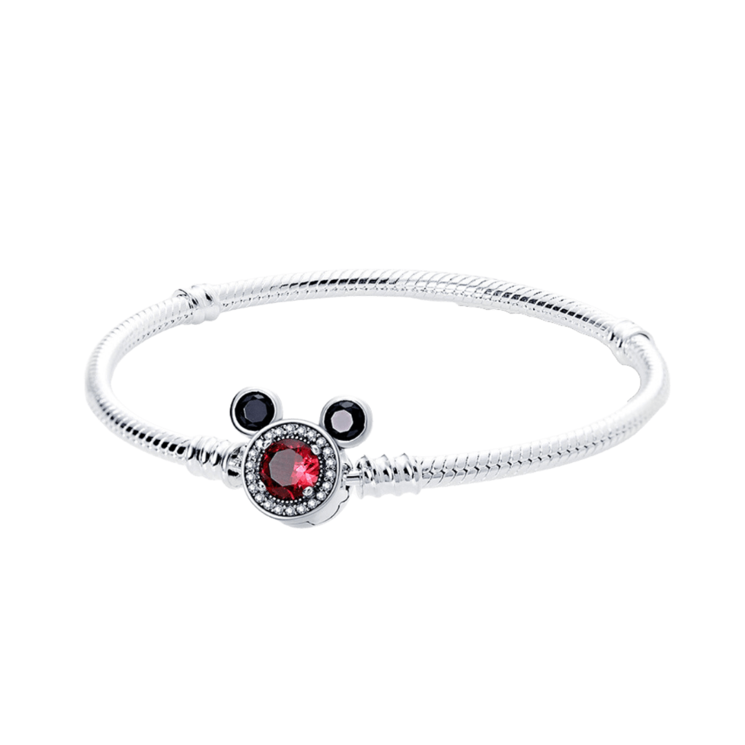 Disney Mickey Mouse Red Gem Snake Chain Bracelet with silver accents and red gemstone detail.