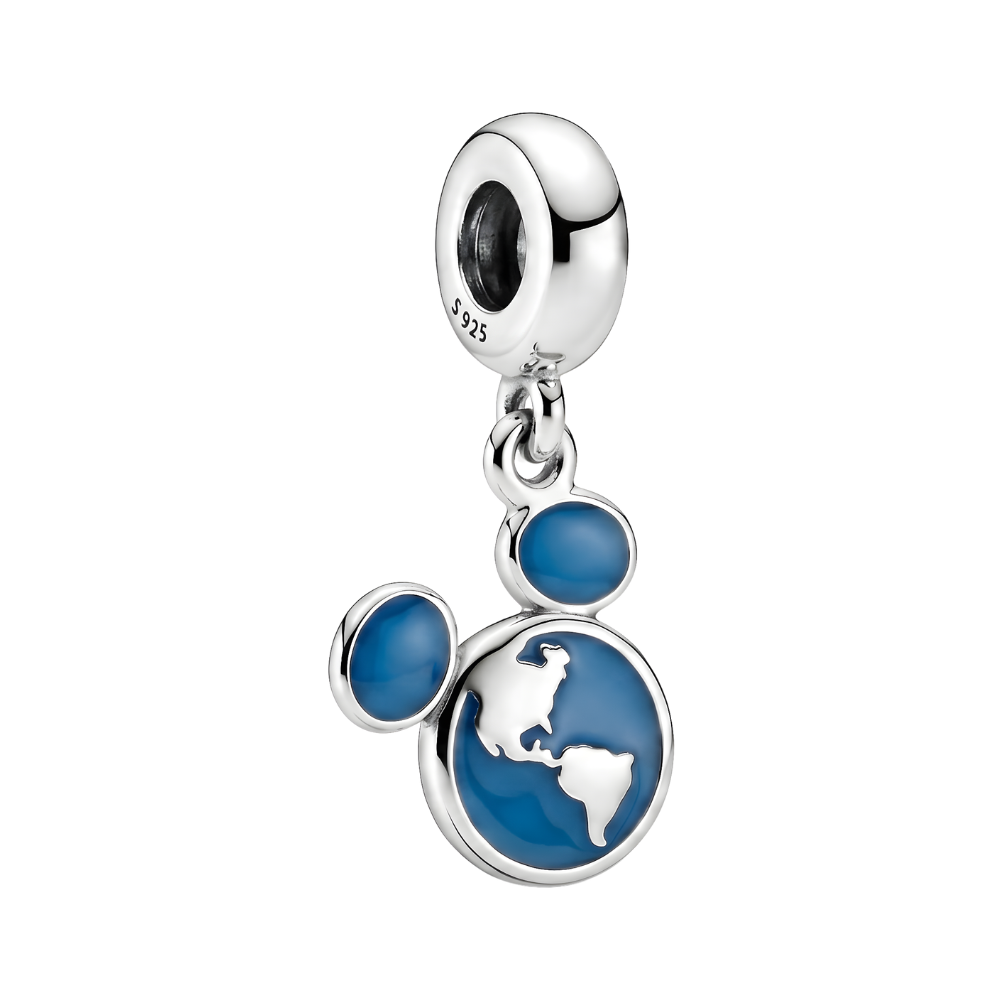 Disney Mickey Mouse World Globe Dangle Charm in silver with blue enamel, symbolizing adventure and travel.