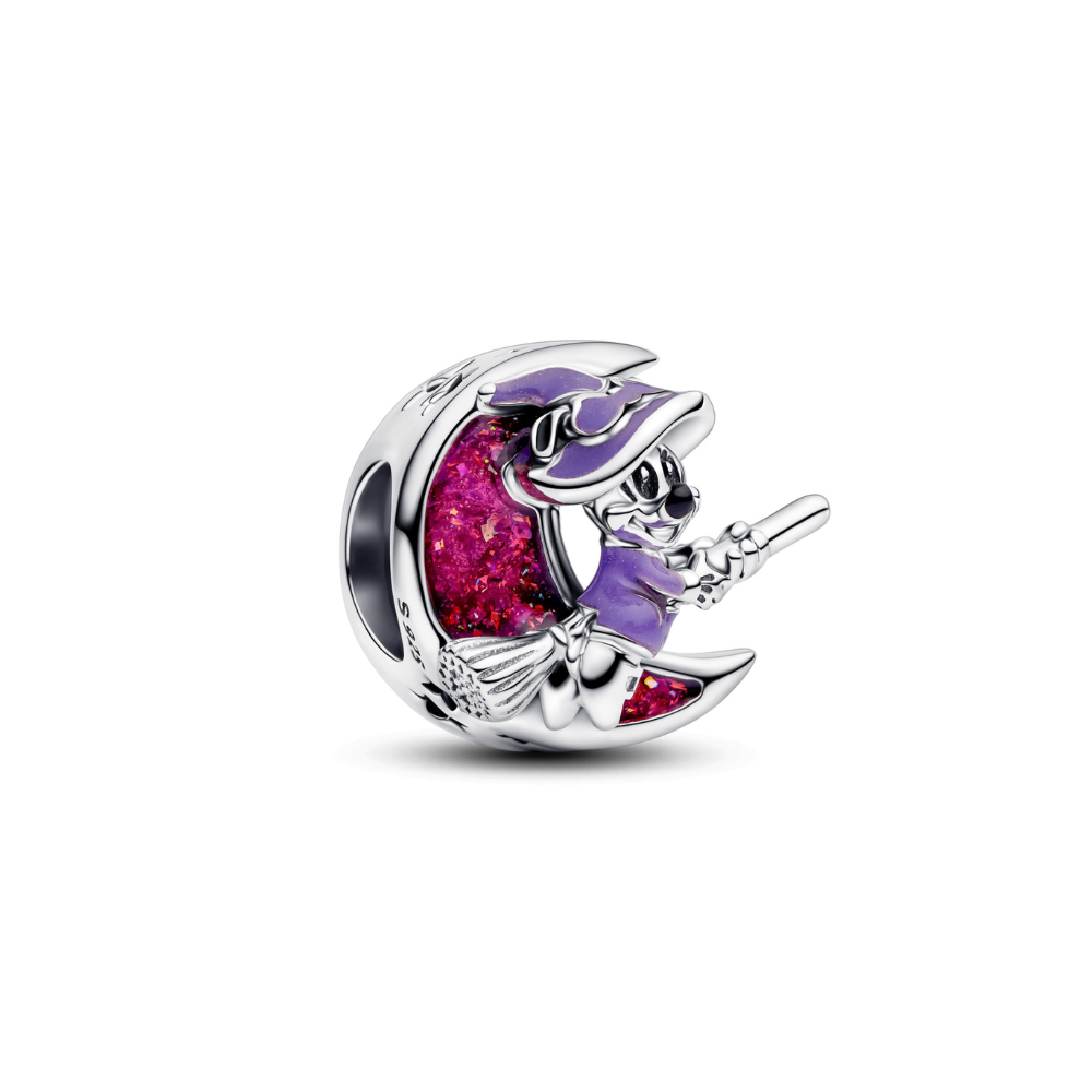 Disney Minnie Mouse Halloween Charm featuring Minnie as a witch on a crescent moon with colorful details.