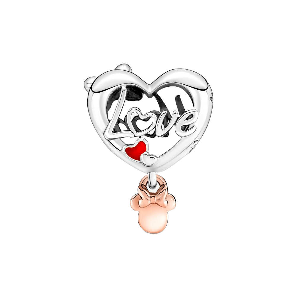 Disney Minnie Mouse Mom Heart Charm featuring a heart design with 'Love' inscription and Minnie Mouse detail.