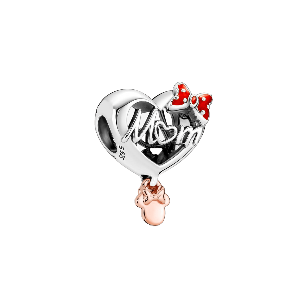 Disney Minnie Mouse Mom Heart Charm featuring a heart-shaped design with 'Mom' and a Minnie Mouse bow.