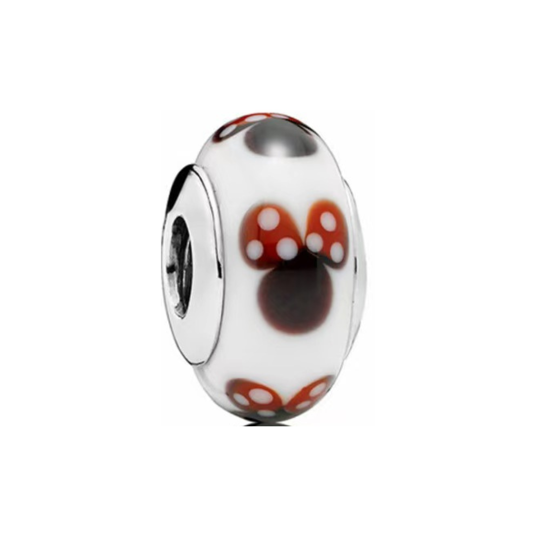 Disney Minnie Mouse Murano Glass Charm ( Discontinued ) featuring white glass and red polka dots.