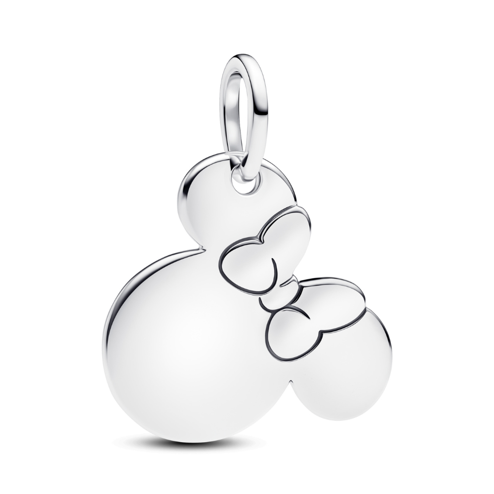 Disney Minnie Mouse Silhouette Mirror Pendant in high-polish silver with engraved bow outline.
