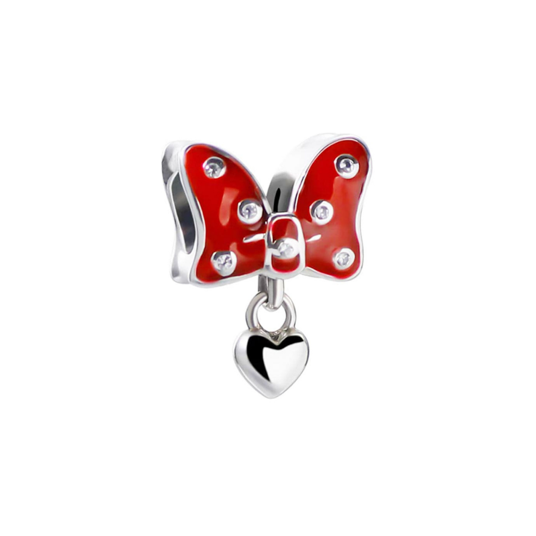 Disney Minnie Mouse Red Bow Heart Charm with red bow and silver heart pendant.
