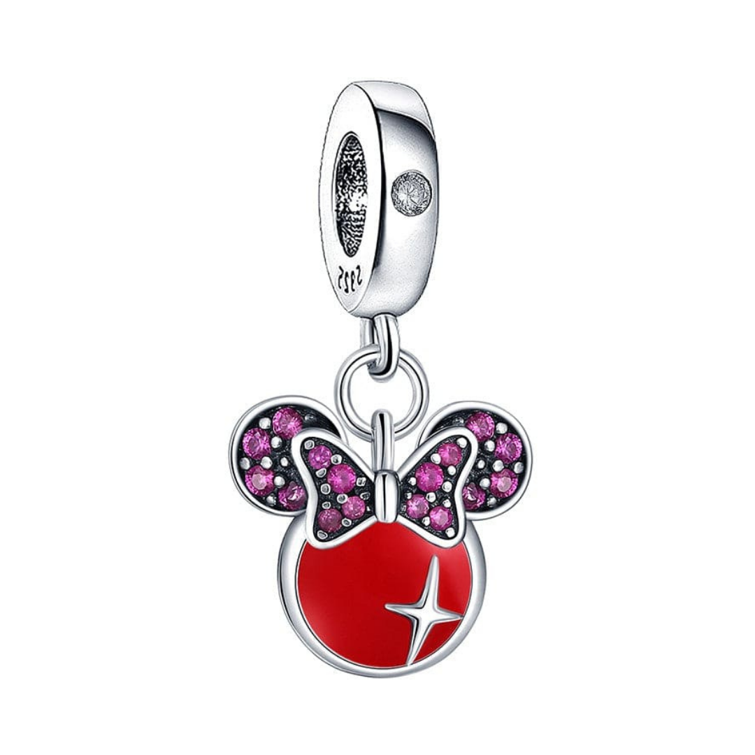 Disney Minnie Mouse Red Logo Dangle Charm featuring a vibrant red logo with sparkling pink bow detail.