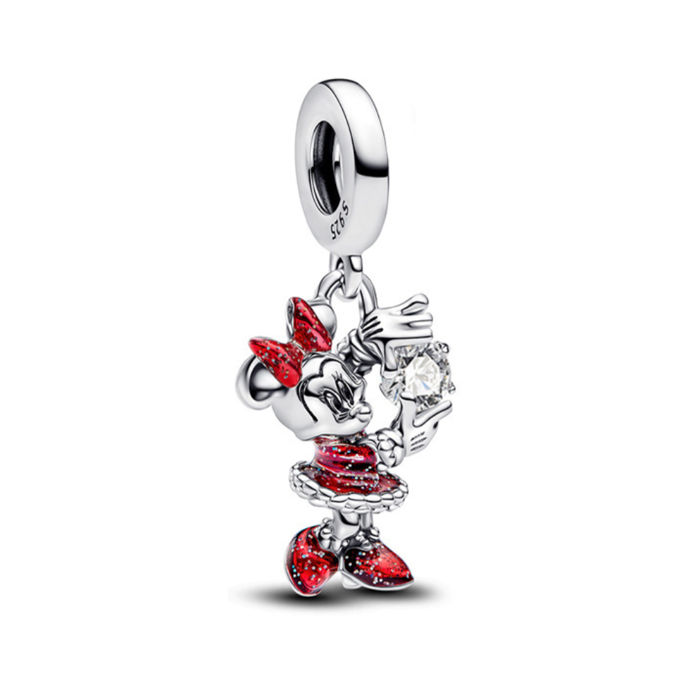 Disney Minnie Mouse Sparkling Gem Dangle Charm featuring Minnie in a red glitter dress holding a sparkling stone.