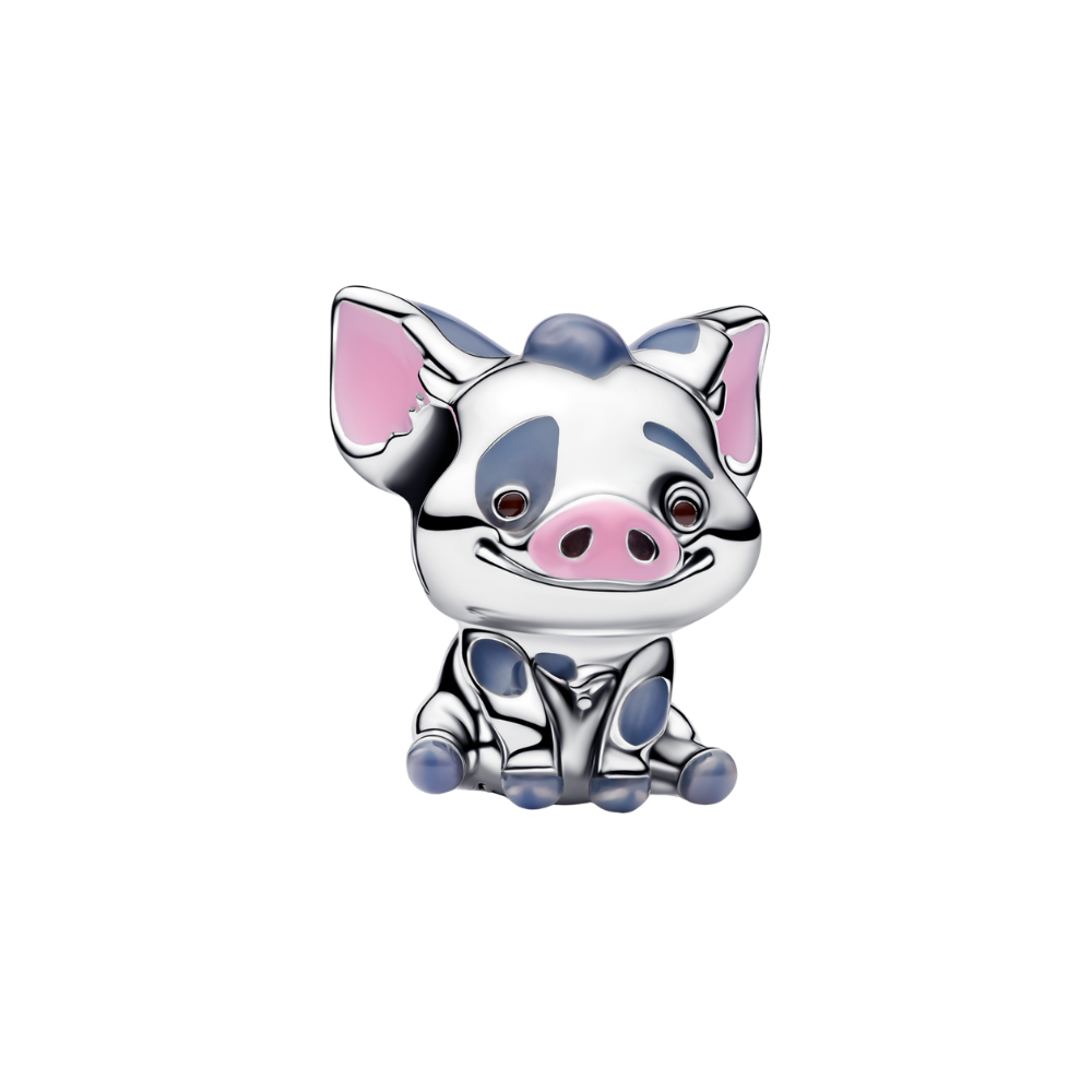 Disney Moana Pua the Pig Charm, cute silver charm with pink enamel ears and snout, perfect for Moana fans.