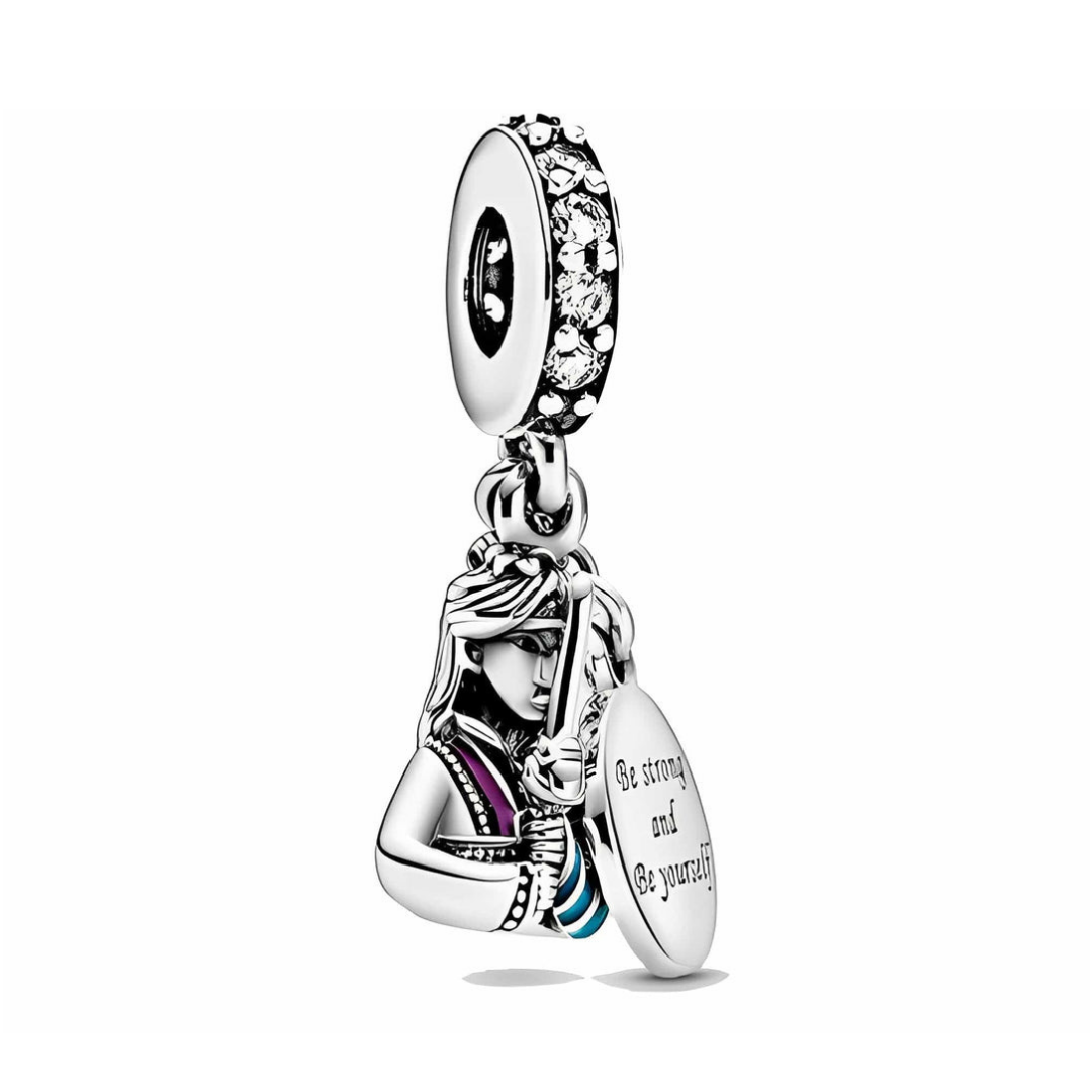 Disney Mulan Be Strong Dangle Charm featuring Mulan holding a sword with an inspirational message.