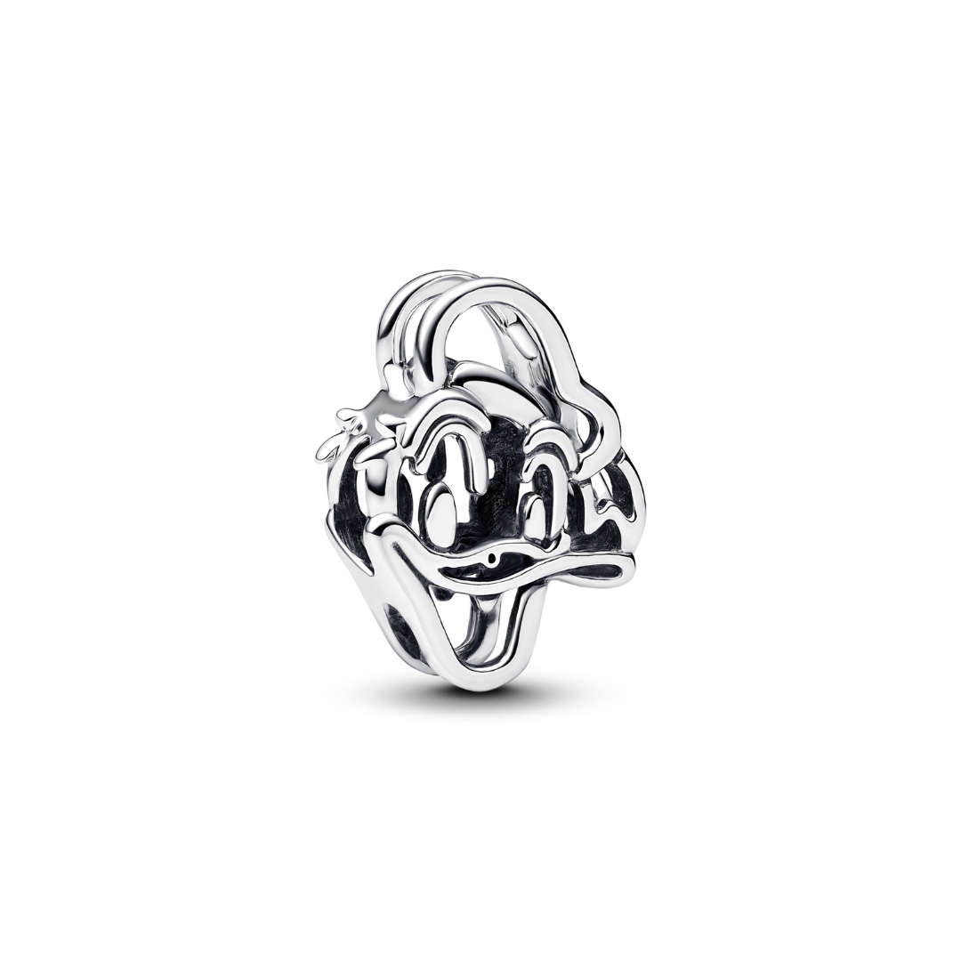 Disney Openwork Donald Duck Charm featuring a playful design of Donald Duck's face in shiny silver.