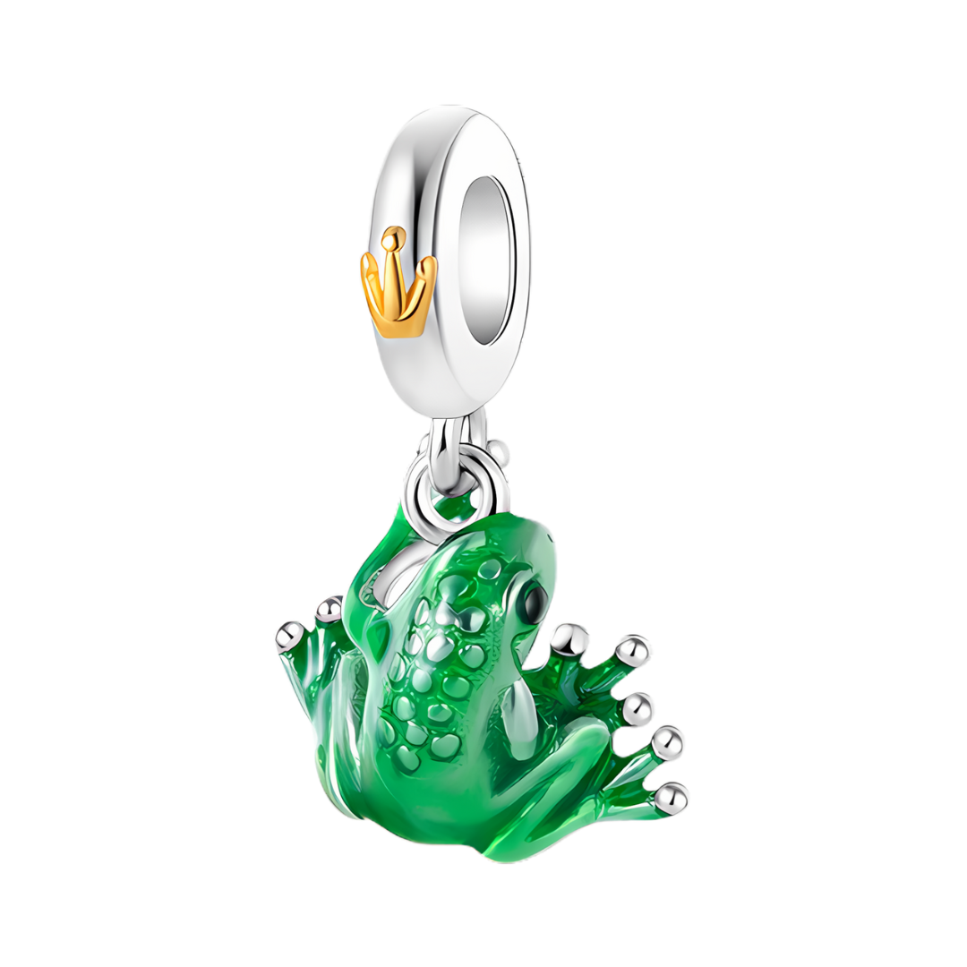 Disney The Princess & the Frog Prince Naveen Dangle Charm featuring a green enamel frog with a gold crown.