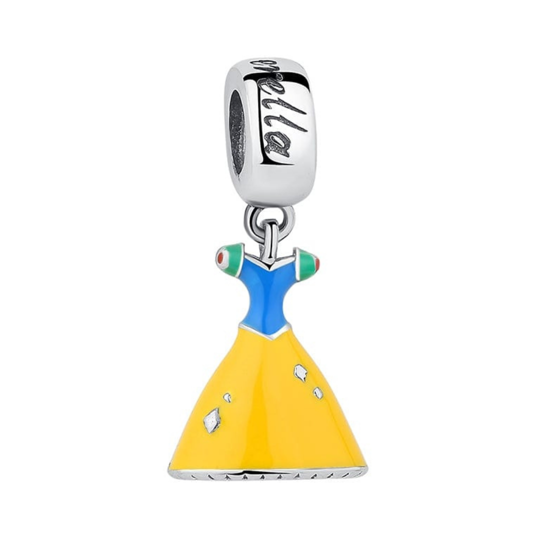 Disney Snow White Dress Dangle Charm showcasing a vibrant blue and yellow dress design.