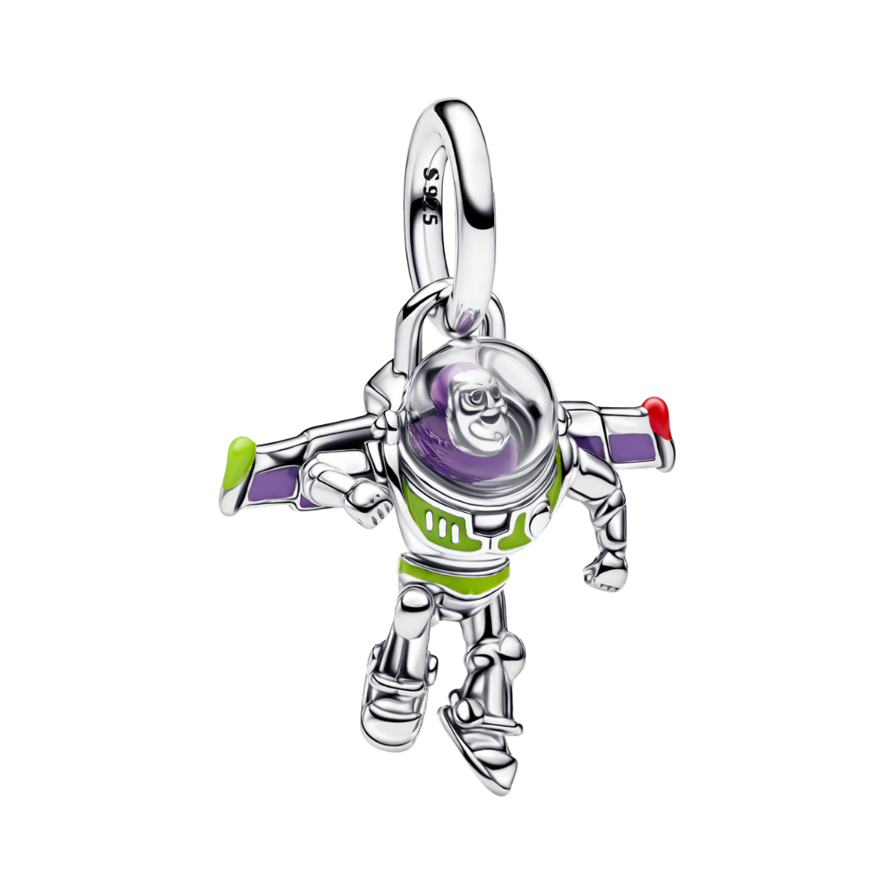 Disney Toy Story Buzz Lightyear Pendant in silver and enamel, depicting Buzz in flight with vibrant colors.