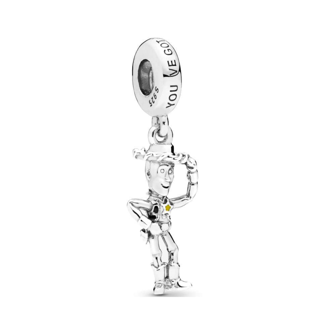 Disney Toy Story Woody Dangle Charm with cowboy figure and engraved message, perfect for fans of Toy Story.