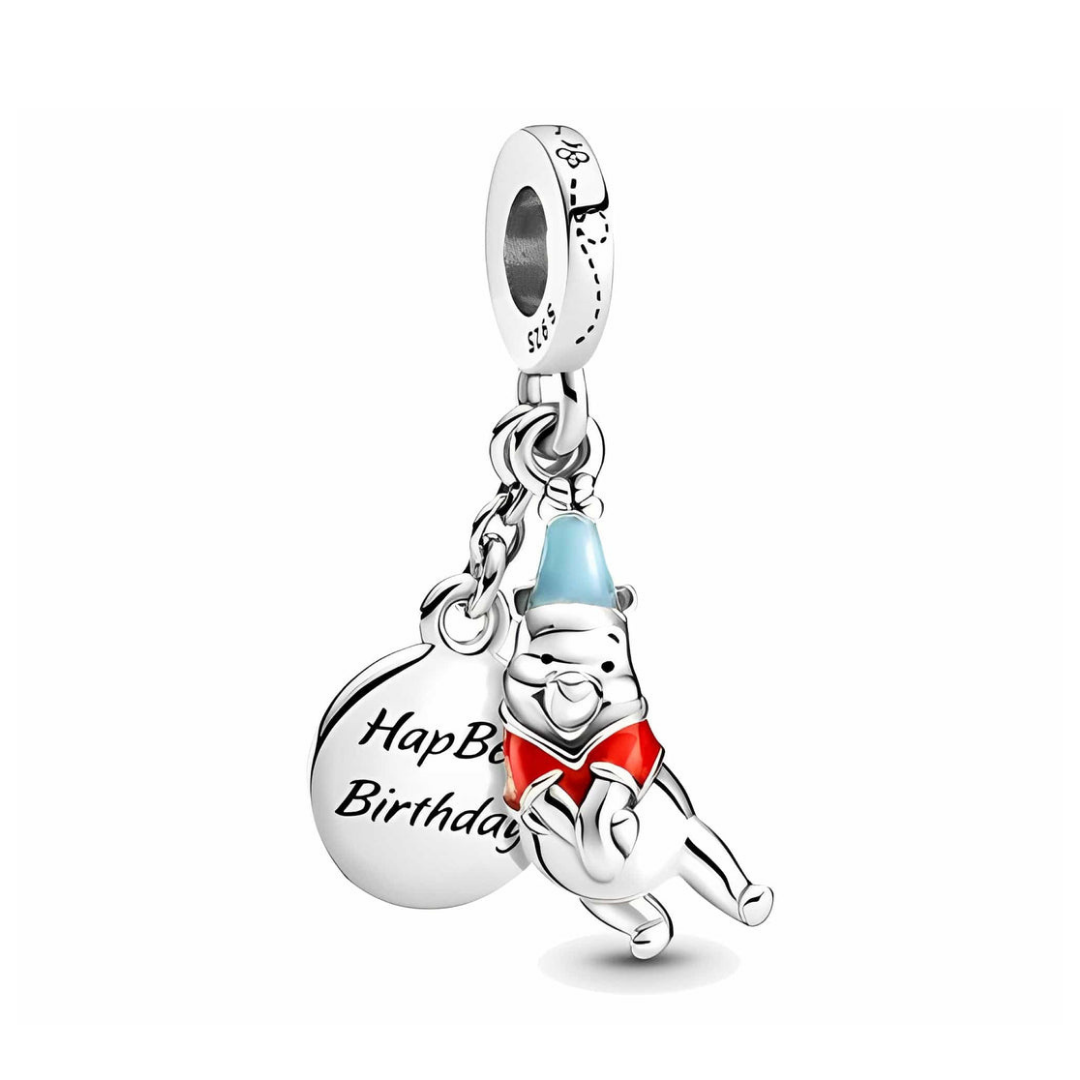 Disney Winnie the Pooh Birthday Dangle Charm featuring Pooh with a birthday hat and celebratory message.