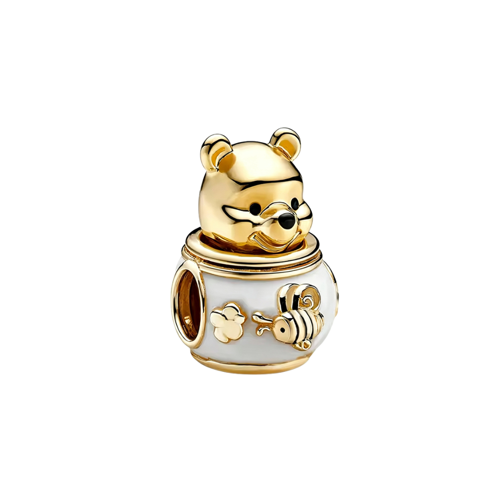 Disney Winnie the Pooh Golden Honey Pot Charm featuring a gold Pooh head and white enamel honey pot.