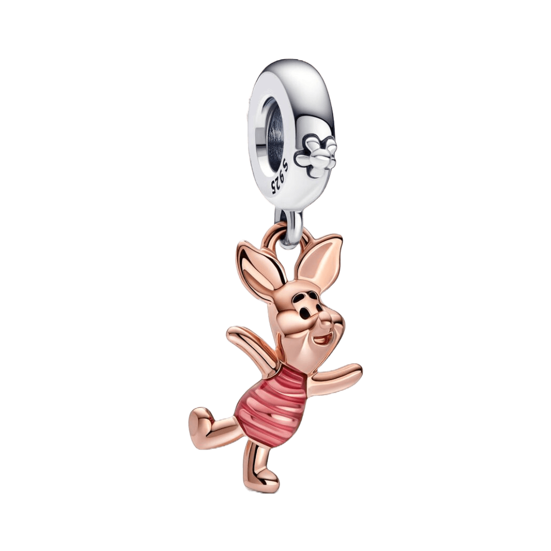 Disney Winnie the Pooh Piglet Dangle Charm in a playful pose with pink stripes and silver detailing.