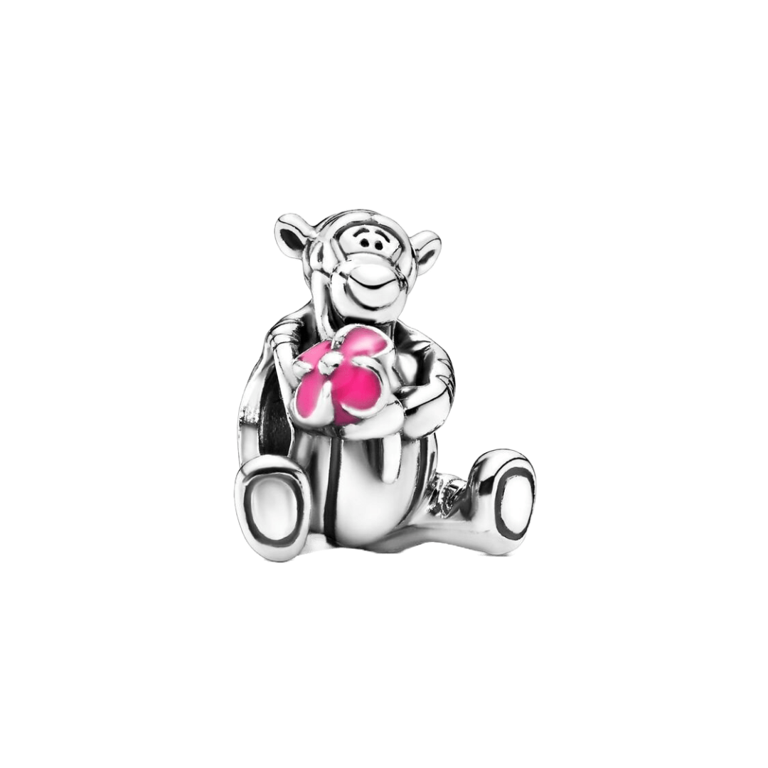 Disney Winnie the Pooh Tigger Charm featuring Tigger holding a pink flower, perfect for charm bracelets.