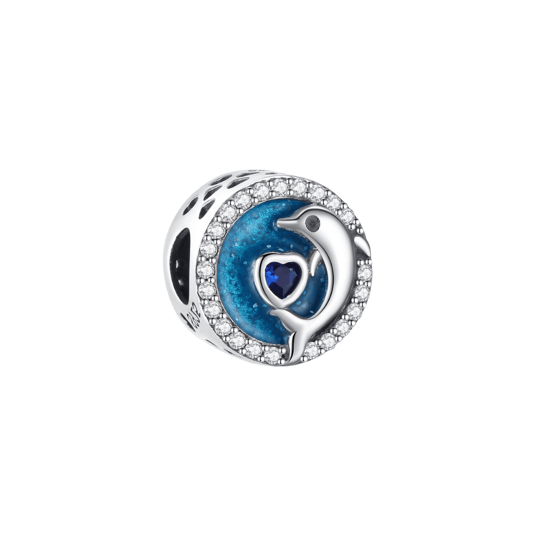 Dolphin And Heart Charm with deep blue enamel and sapphire heart surrounded by sparkling border.