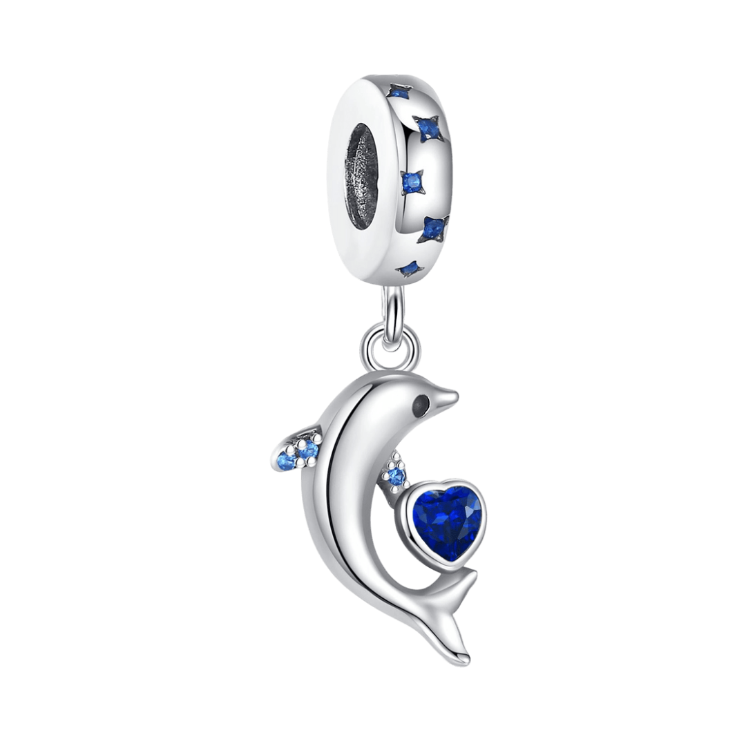 Dolphin And Heart Dangle Charm featuring a silver dolphin with blue stones and a deep blue heart.