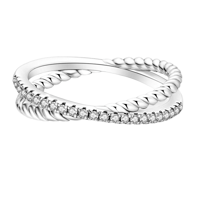 Double Cross Zircon Ring ( Discontinued ) featuring a unique double-banded design with dazzling zircons.