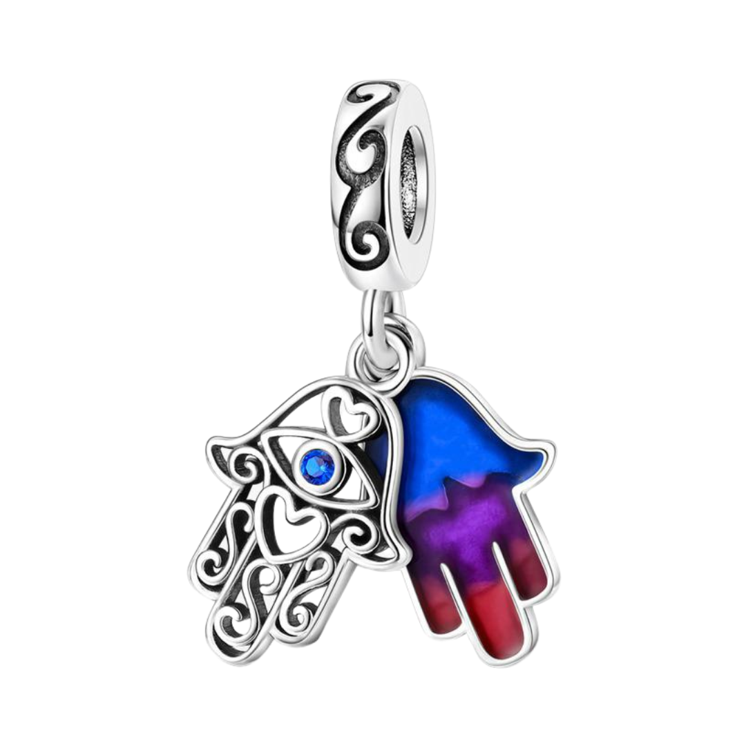 Double Hamsa Heart Evil Eye Dangle Charm featuring silver intricate design and colorful enamel.