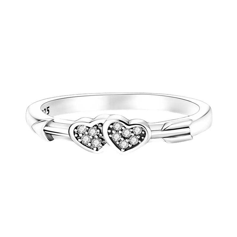 Double Heart & Arrow Ring ( Discontinued ) in sterling silver with two sparkling hearts and an arrow design.