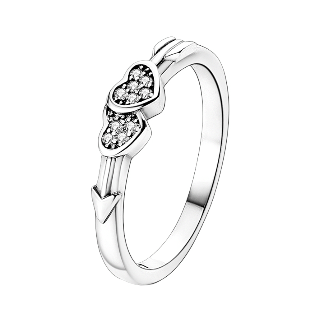 Double Heart & Arrow Ring ( Discontinued ) in sterling silver, featuring two sparkling hearts and a delicate arrow.