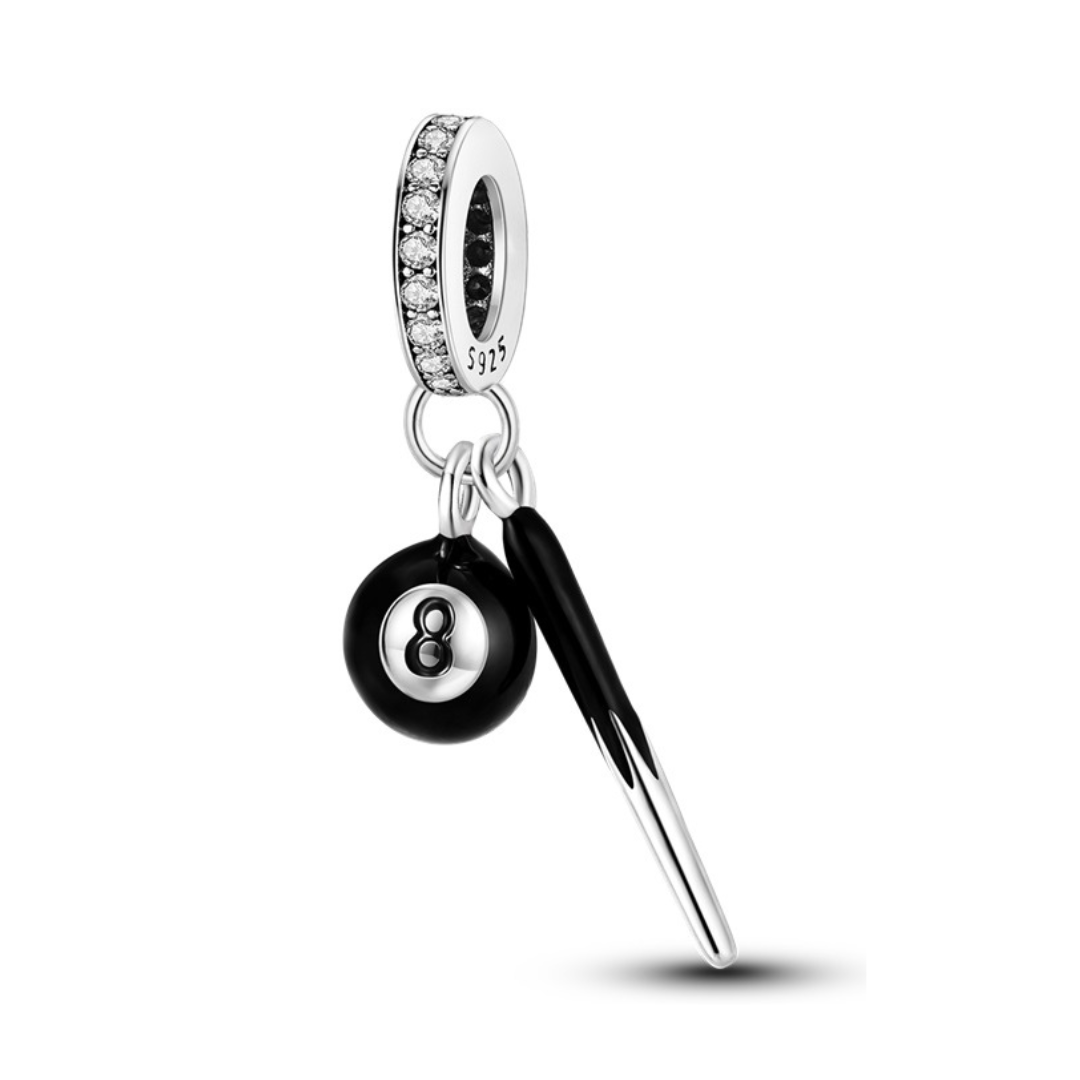 Eight Ball Pool Cue Dangle Charm ( DISCONTINUED ) featuring a black eight ball and silver cue stick design.