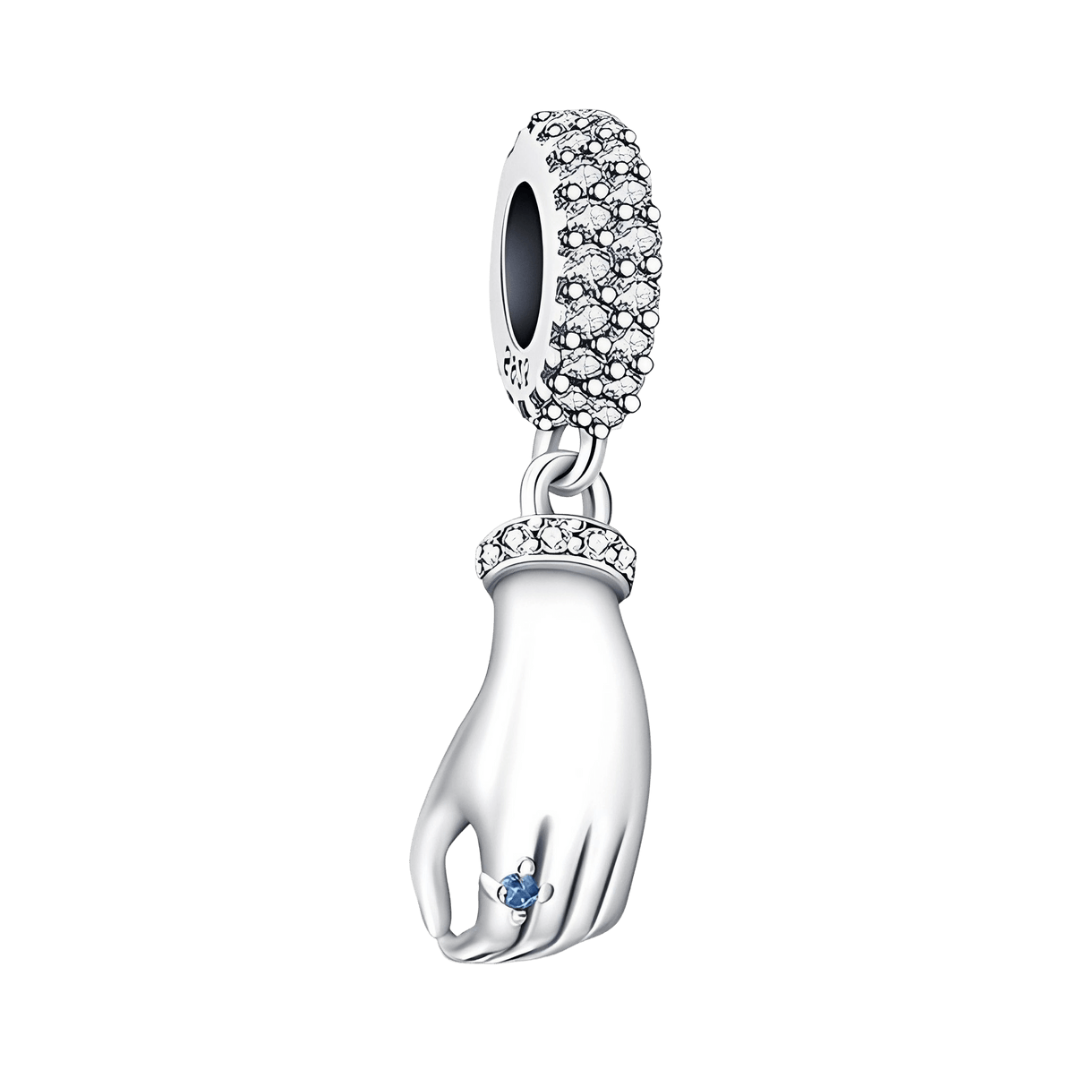 Elegant Hand Dangle Charm ( Discontinued ) in sterling silver with pavé details and blue zircon stone.