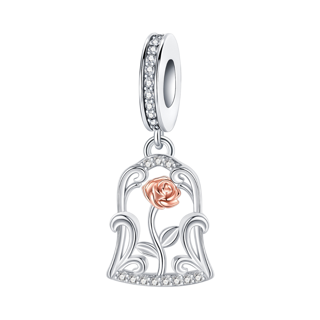 Enchanted Rose Bell Jar Sparkling Dangle Charm featuring a rose gold rose in a silver bell jar with crystals.
