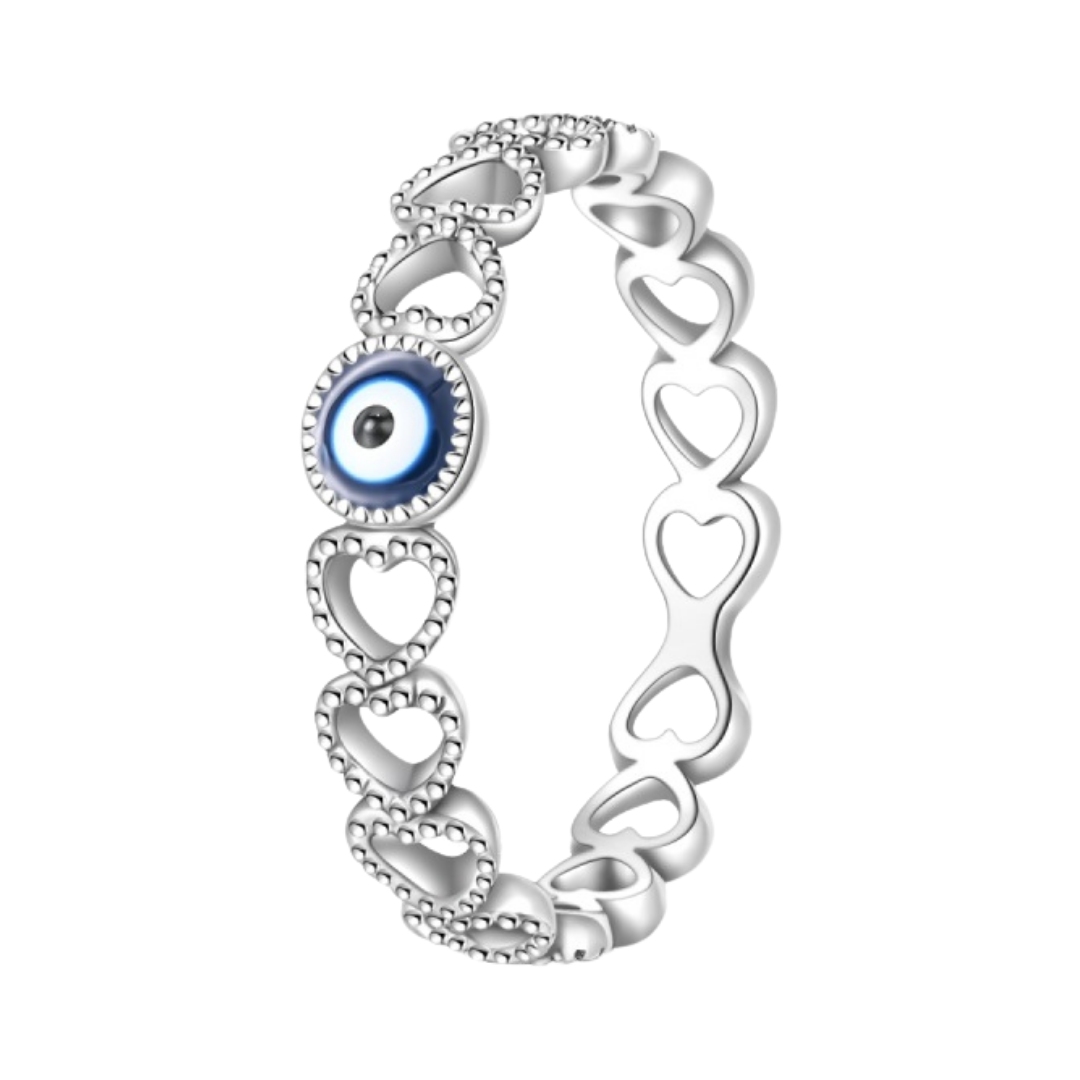 Eternal Love Evil Eye Ring featuring heart-shaped design and blue evil eye for protection and positivity.